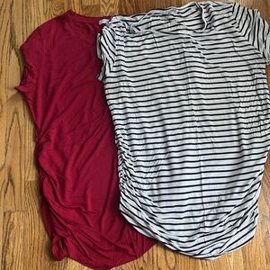 SMALLSHOW Women's Maternity Stretchy Red, Black & White Striped Short Sleeve Top